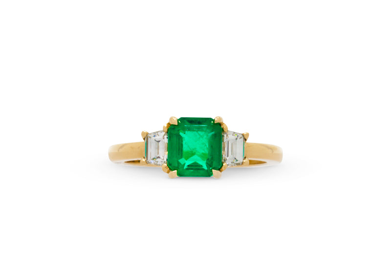 1.18ct. Emerald Cut Colombian Emerald Ring with Trapezoid Accents 14k Yellow Gold