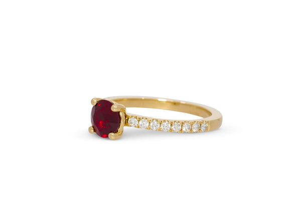 1.06ct. Round Cut Vivid Ruby Ring With A Half-Way Diamond Band 14k Yellow Gold