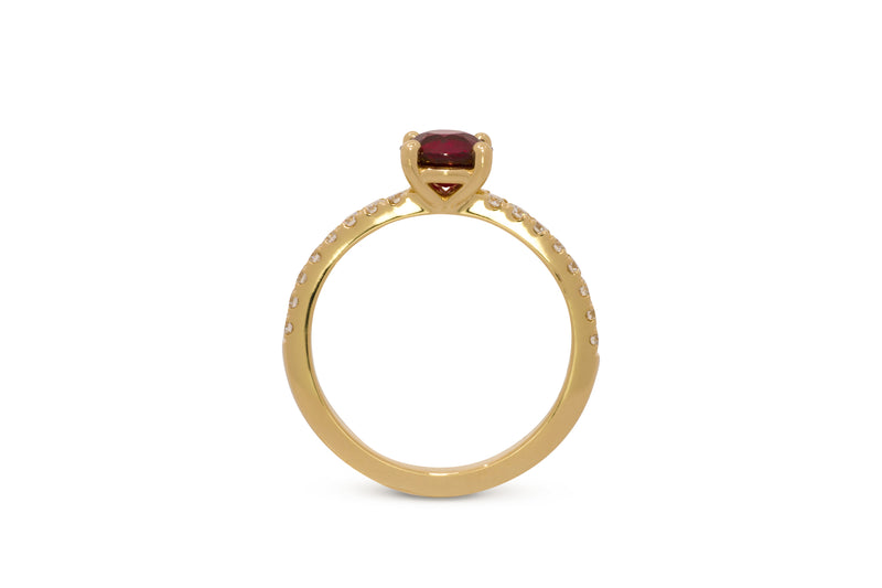 1.06ct. Round Cut Vivid Ruby Ring With A Half-Way Diamond Band 14k Yellow Gold