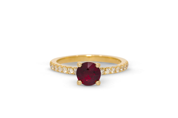 1.06ct. Round Cut Vivid Ruby Ring With A Half-Way Diamond Band 14k Yellow Gold