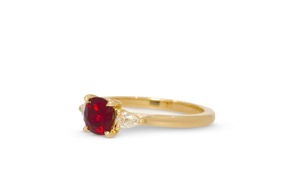 1.14ct. Cushion Cut Vivid Mozambique Ruby Ring With Pear Shape Accents 14 Yellow Gold
