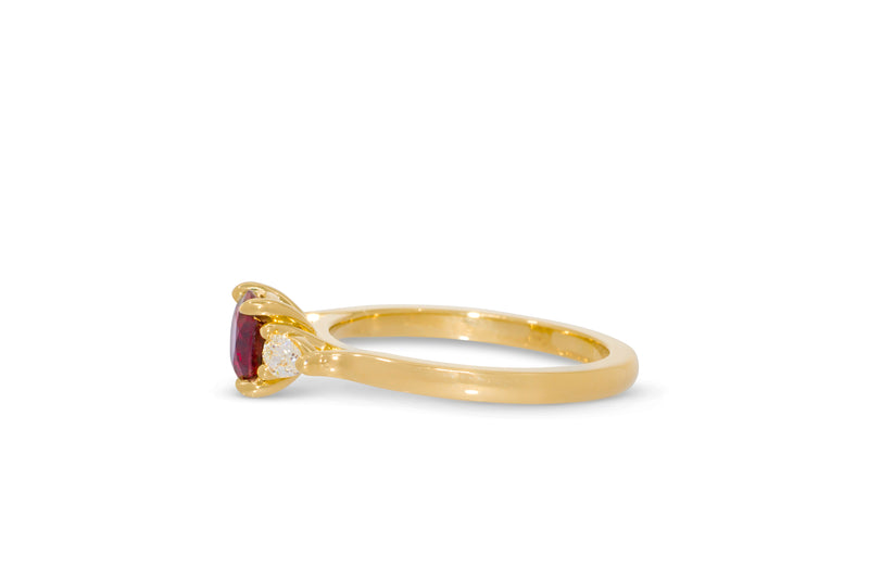 1.14ct. Cushion Cut Vivid Mozambique Ruby Ring With Pear Shape Accents 14 Yellow Gold
