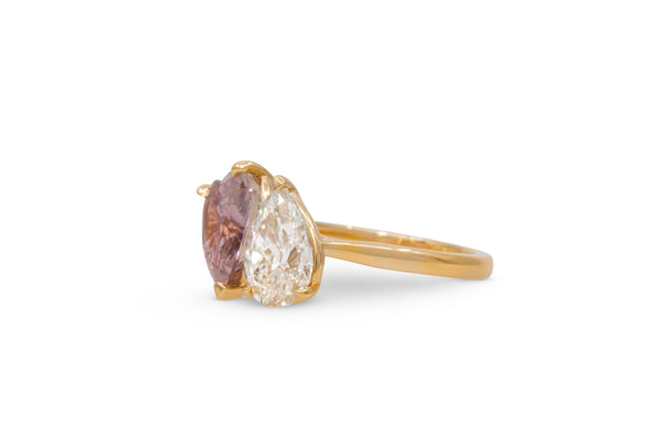 Toi Et Moi Heart Shape Pink Sapphire & Pear Shape Diamond Ring 14k Yellow Gold