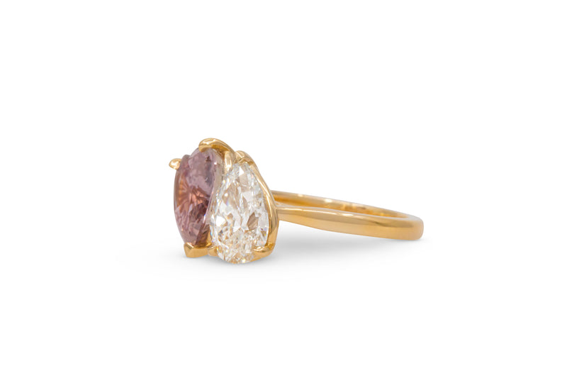 Toi Et Moi Heart Shape Pink Sapphire & Pear Shape Diamond Ring 14k Yellow Gold