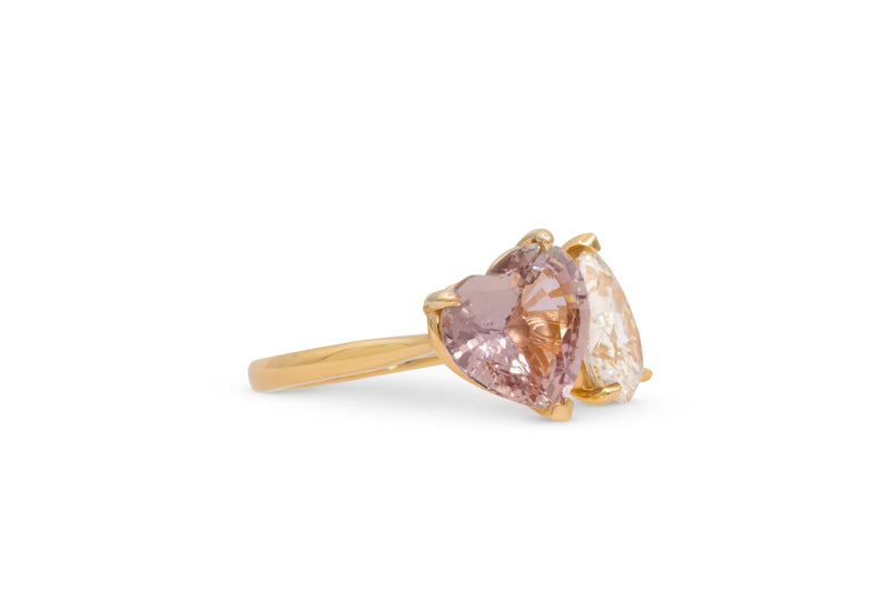 Toi Et Moi Heart Shape Pink Sapphire & Pear Shape Diamond Ring 14k Yellow Gold