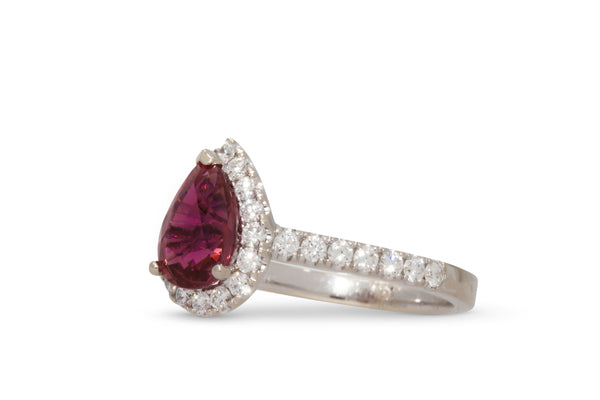 2.08ct. Intense Orangey/Pink Pear Shape Sapphire Ring With A Diamond Halo 14k White Gold
