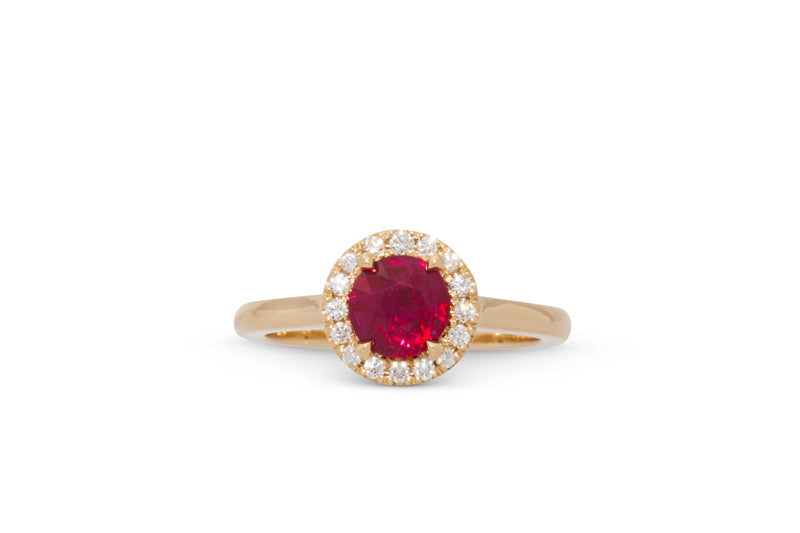 1.03ct. Round Ruby Ring with A Diamond Halo 14k Yellow Gold