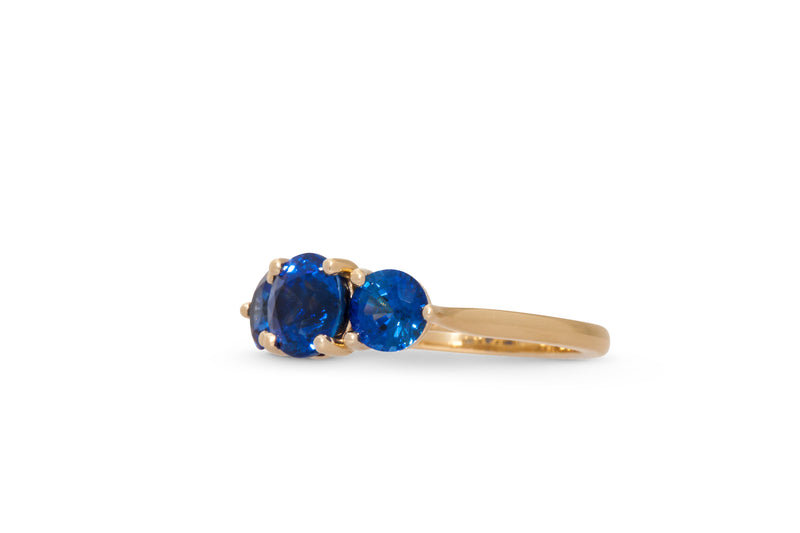 3.51ctw. Three-Stone Blue Sapphire Ring 14k Yellow Gold