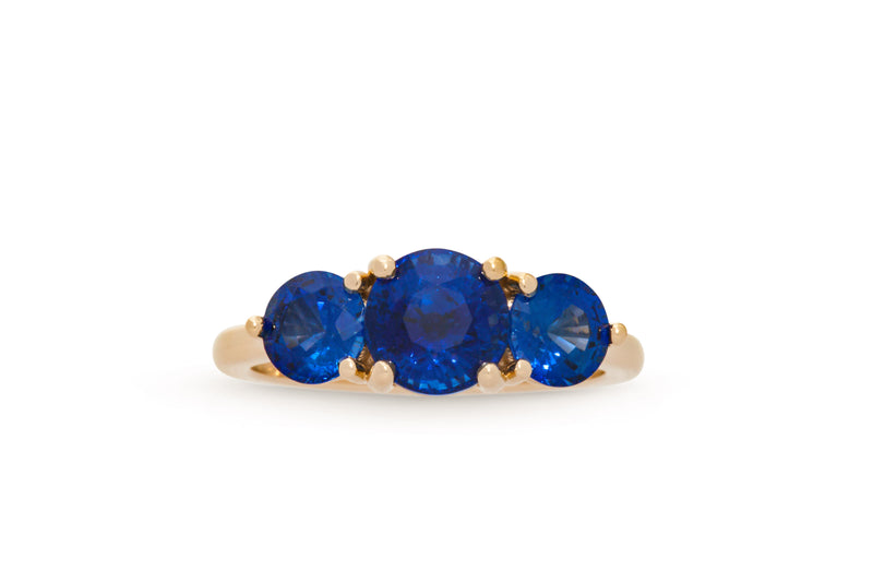 3.51ctw. Three-Stone Blue Sapphire Ring 14k Yellow Gold