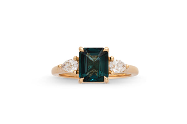 2.37ct. Emerald Cut Blue-Green Sapphire Ring With Pear Shape Diamond Accents