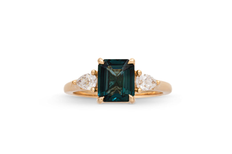 2.37ct. Emerald Cut Blue-Green Sapphire Ring With Pear Shape Diamond Accents