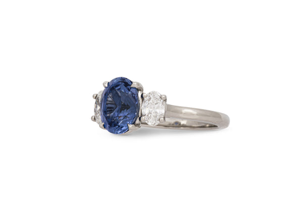 3.02ct. Blue Oval Sapphire Ring With Oval Diamond Accents