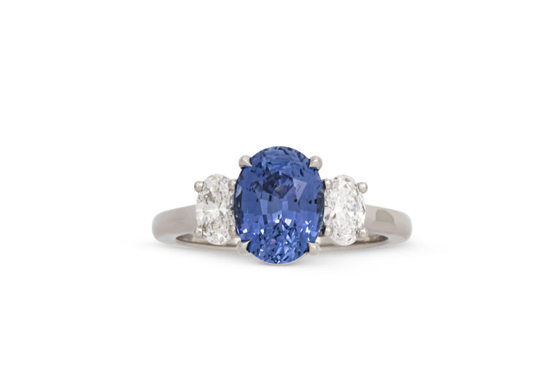 3.02ct. Blue Oval Sapphire Ring With Oval Diamond Accents
