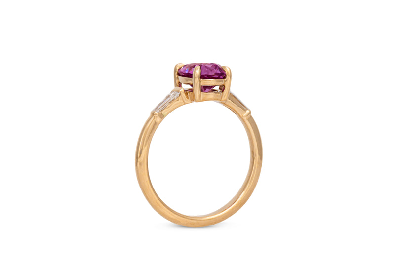 2.18ct. Oval Magenta Sapphire Ring With Tapered Diamond Baguette Accents
