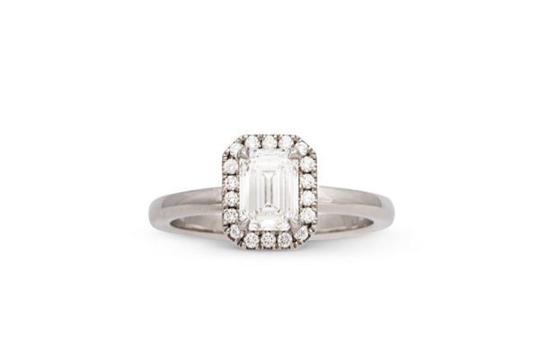 1.00ct. Approx. Emerald Cut Diamond Engagement Ring With A Diamond Halo 14k White Gold