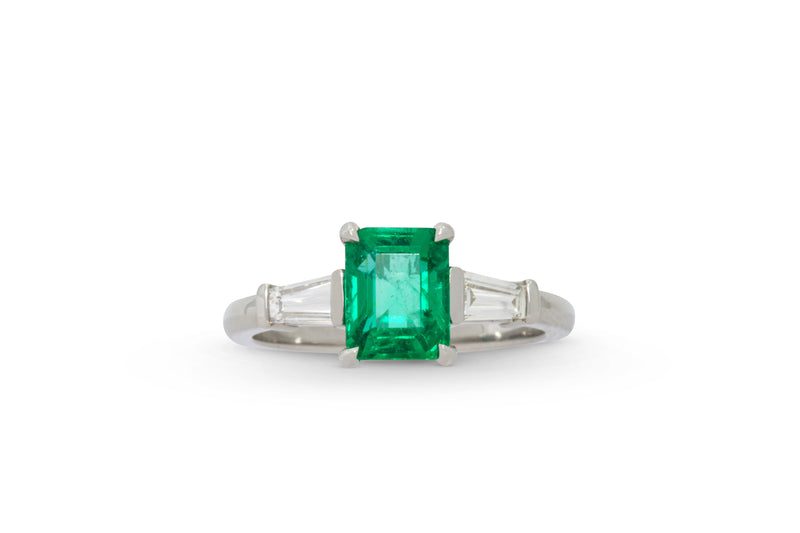 Emerald Cut Muzo Emerald Ring With Tapered Baguette Accents 14k White Gold