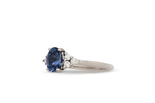1.58ct. Oval Blue Sapphire Ring With Diamond Cluster Accents 14k White Gold