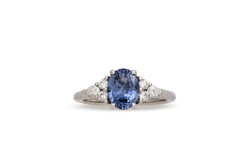 1.58ct. Oval Blue Sapphire Ring With Diamond Cluster Accents 14k White Gold