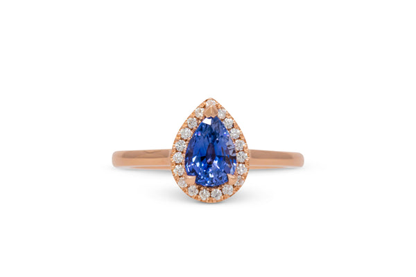 1.26ct. Blue Pear Shape Sapphire Ring With A Diamond Halo 14k Rose Gold