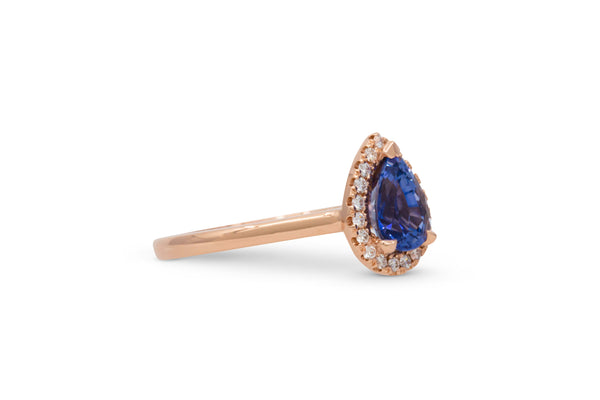 1.26ct. Blue Pear Shape Sapphire Ring With A Diamond Halo 14k Rose Gold