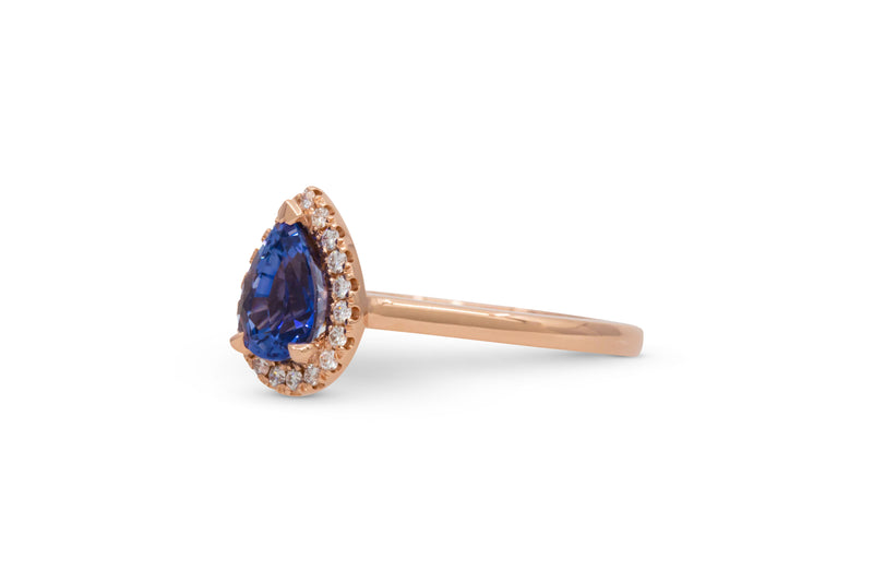 1.26ct. Blue Pear Shape Sapphire Ring With A Diamond Halo 14k Rose Gold