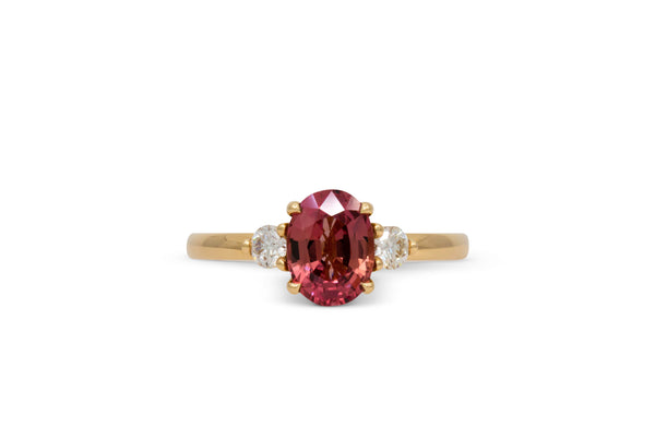 1.76ct. Pink/Orange Oval Sapphire Ring With Round Diamond Accents 14k Yellow Gold