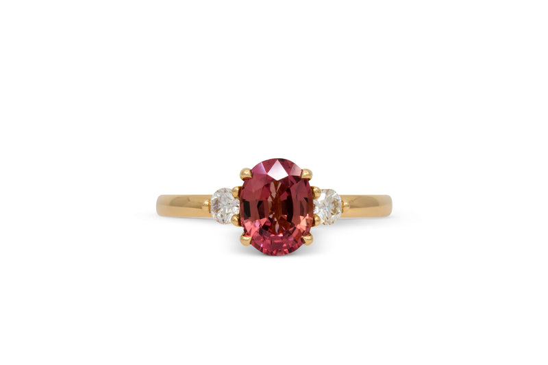 1.76ct. Pink/Orange Oval Sapphire Ring With Round Diamond Accents 14k Yellow Gold