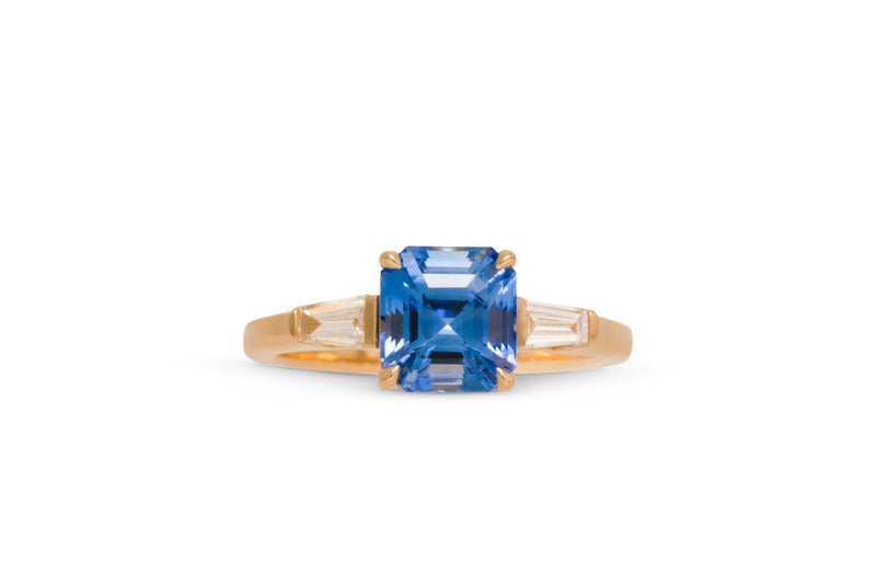 2.52ct. Octagon Blue Sapphire Ring with Diamond Tapered Baguettes 14k Yellow Gold